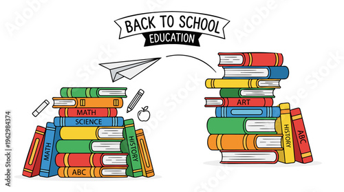 Paper airplane flying across colorful book stacks with Back to School banner, school supplies, symbolizing education and learning journey in a vibrant hand-drawn cartoon style, isolated vector.