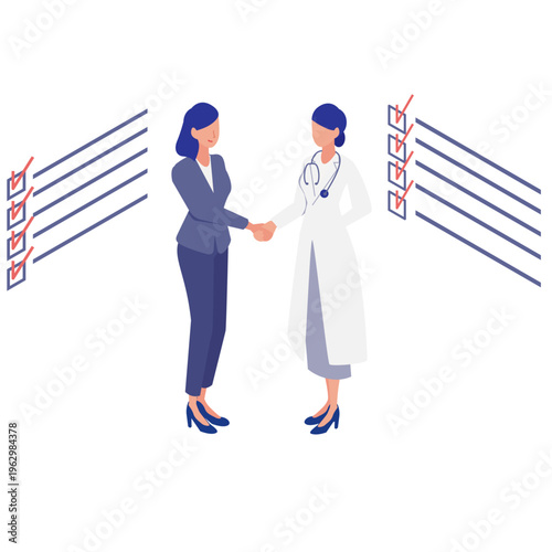 医師とビジネスパーソンの連携と合意、チェックリスト確認のイラスト