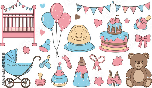 Baby Shower Celebration Vector Set with Crib Cake Balloons Toys Stroller and Cute Nursery Elements in Pastel Colors for Kids Party Design