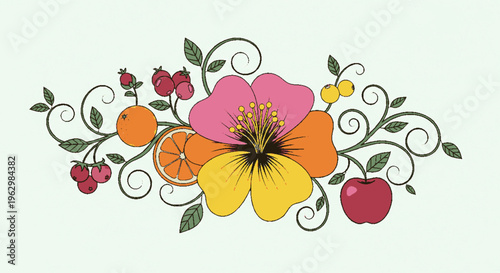 A colorful arrangement of flowers and fruits in a decorative pattern with leaves and stems around them very nicely placed together