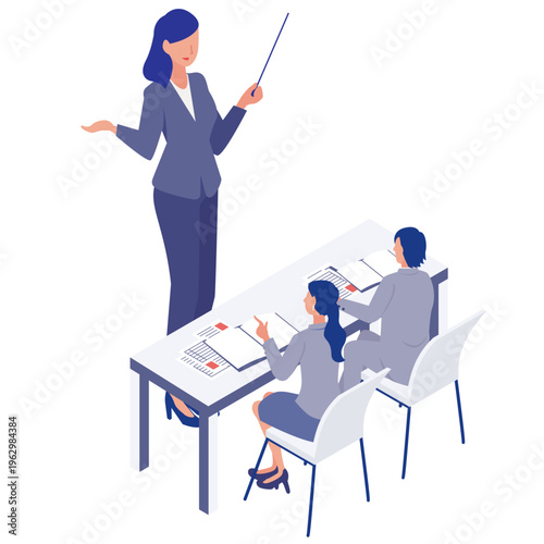 研修や講義で説明を行う講師と受講者のアイソメトリックイラスト