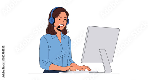 Smiling female support agent with headset typing on computer, providing excellent virtual assistance and dedicated customer service for modern