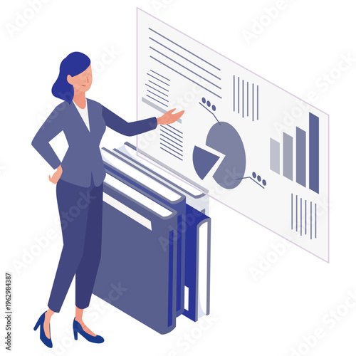 資料とグラフを用いて説明するビジネスウーマンのアイソメトリックイラスト