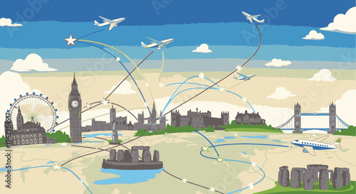 Illustration of London cityscape with famous landmarks and airplanes flying overhead against a blue sky with white clouds.