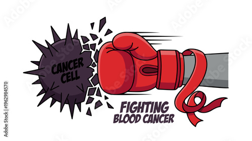 Blood Cancer Awareness Fight, Glove Destroys Cancer Cell with Red Ribbon, Medical Support & Research, Vibrant Cartoon Style, Vector Illustration on White.