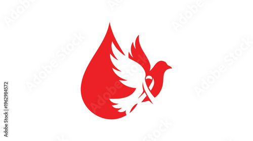 Blood Cancer Awareness Emblem featuring a flying dove with a ribbon graphic, symbolizing hope, support, and solidarity in healthcare, presented as a modern flat red and white vector illustration.