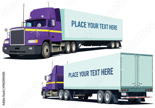 076-38-Purple semi truck pulling a cargo trailer with text space for branding, isolated on white