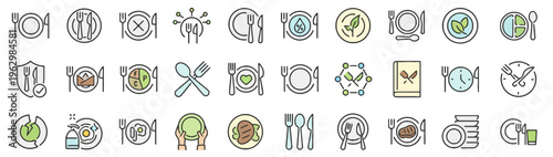 A collection of outline icons representing meal times, dining, and food preparation, including clocks, plates, cutlery, and ingredients