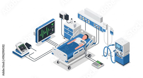 Isometric ICU Bed with Patient and Medical Equipment Illustration.