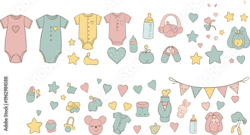 Baby Shower Vector Set with Cute Newborn Clothes Toys Bottles and Nursery Elements Pastel Flat Collection for Kids Design and Parenting Concept