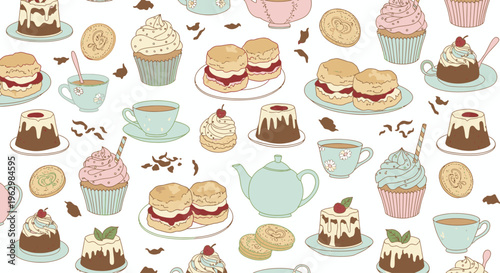 Flat lay illustration of assorted desserts and tea cups on a white background with pastel colors and a sweet mood.