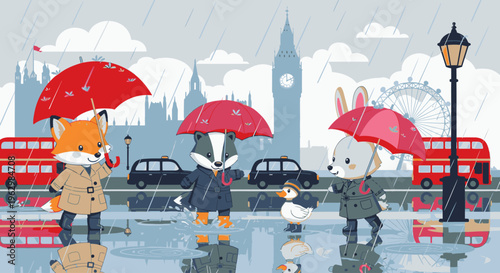 Illustration of anthropomorphic animals with umbrellas walking in the rain in front of iconic London landmarks with a gloomy atmosphere.