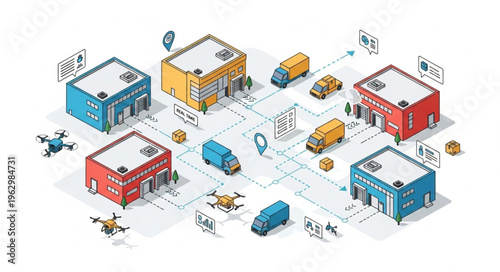 Isometric Logistics Network - Warehouses, Trucks, and Drones in Supply Chain.