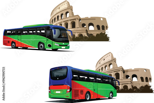 076-40-Tourist bus vector illustration presenting front and rear views near famous roman colosseum landmark