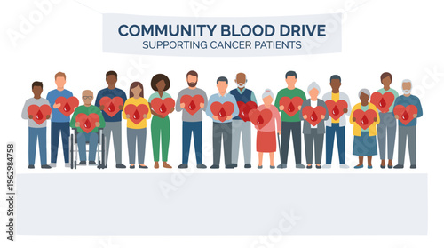 Diverse Community Holding Blood Hearts Supporting Patients for Blood Cancer Donation Healthcare. Flat Illustration Clean Vector Graphic Copy Space.