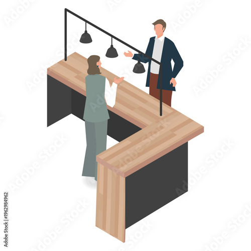 受付カウンターで案内をするスタッフと来訪者のアイソメトリックイラスト