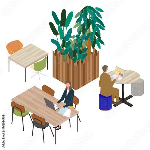 植物のあるオープンワークスペースで働く人々のアイソメトリックイラスト