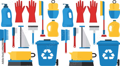 Cleaning Equipment Vector Set with Gloves Detergent Bottles Brushes Mop Bucket and Recycling Bin Flat Illustration Collection for Housekeeping and Hygiene Design