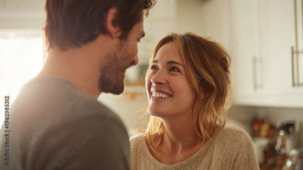 Fototapeta premium Couple Shares Laughter While Packing Dishes in a Bright Kitchen During a Home Move in Warm Natural Light