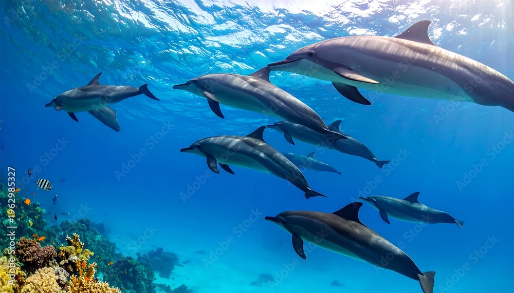 Obraz premium A breathtaking underwater spectacle of a lively dolphin pod swimming gracefully above a vibrant coral reef, illuminated by brilliant sunlight filtering through the ocean surface
