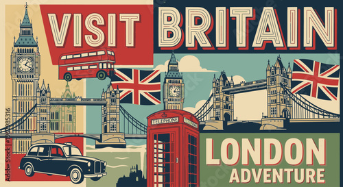 Vintage-style travel poster of London cityscape with iconic landmarks and British flags, featuring a red phone booth, classic car, and bridge, with a nostalgic and adventurous mood.