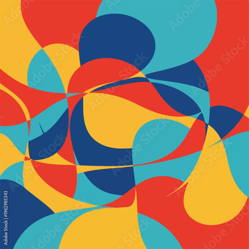 A vibrant abstract composition with overlapping organic shapes, using vivid primary colors