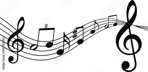 Flat vector illustration musical staff design, treble clef notes, wave pattern, music education symbol, composition graphic art