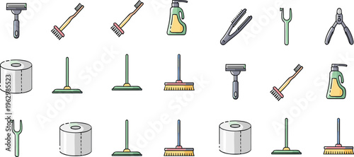 Cleaning Tools and Hygiene Equipment Icons Set with Mop Brush Razor Bottle and Household Supplies Vector Illustration