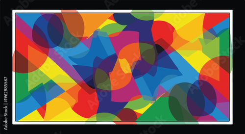 A vibrant abstract composition with overlapping shapes and colors