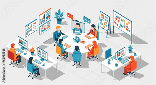 Isometric View of a Collaborative Business Meeting with Data Visualization.
