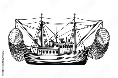 Fishing Boats Vector Art with net
