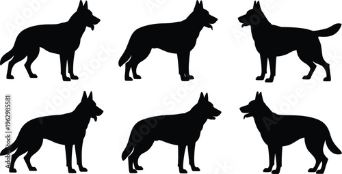 Set of German Shepherd Dog Silhouettes in Various Poses and Profile Views Isolated on White Background for Pet Care Logo Design and Animal Illustrations