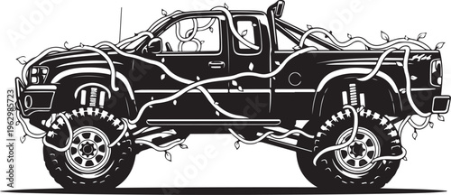 Black pickup truck with vines and leaves growing around it