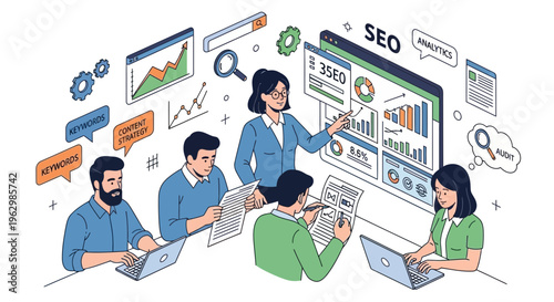 Seo strategy meeting business professionals analyzing data and keywords