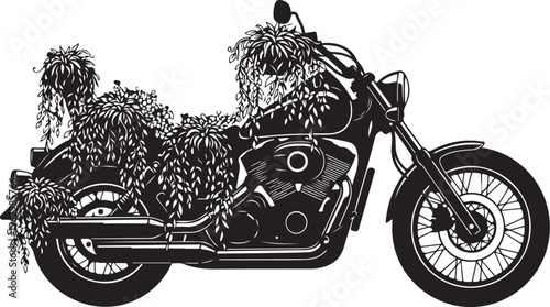 Black motorcycle with potted plants on back and seat