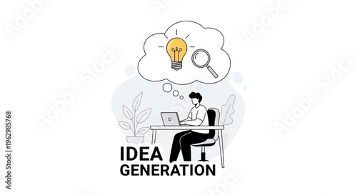 Man working on laptop with thought bubble and idea generation concept