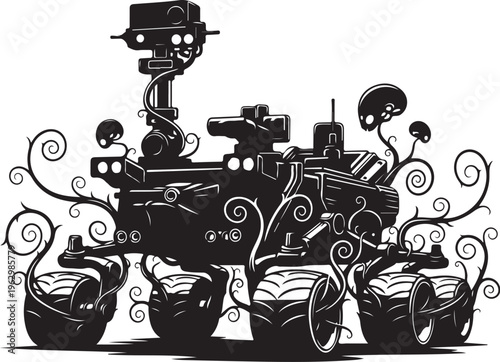 Black robot with curly vines and mushrooms white background