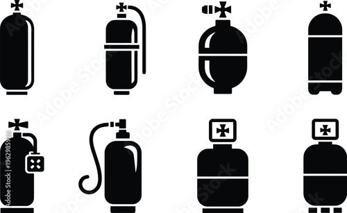 Collection of black silhouette gas cylinder icons featuring diverse industrial tank designs with valves, hoses, and gauges for medical, laboratory, and industrial applications