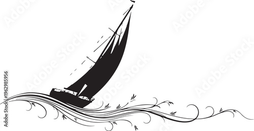 Black sailboat on wavy lines with leaves sailing waves