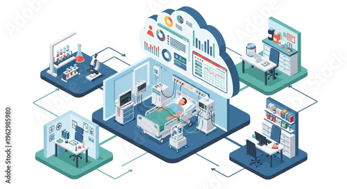 Isometric Illustration of a Modern Hospital with Cloud Data Integration.
