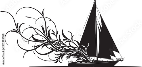 Black sailboat with abstract plant on white background