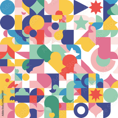 A vibrant abstract composition with various geometric shapes and colors