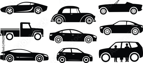 Black silhouette vehicle icons set featuring sports car, classic car, convertible, pickup truck, sedan, compact car, and SUV for automotive design, transport illustration, and car industry concepts.