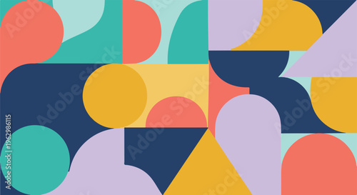 A vibrant abstract design composed of geometrical, curved, and straight forms