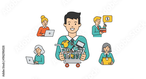 People and shopping cart representing online commerce and consumerism concept