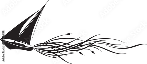 Black sailboat with flowing lines on white background