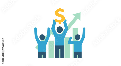 People celebrate financial growth with dollar sign and upward arrow