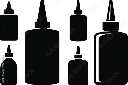 Black silhouette glue bottle icons set featuring various shapes and sizes of adhesive containers for craft supplies, packaging design, stationery, and creative illustration purposes.