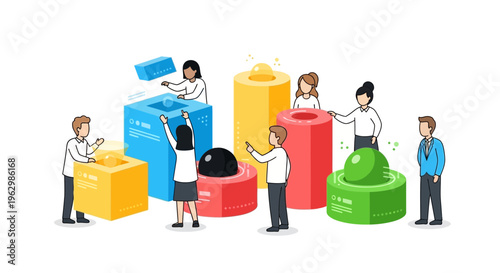 People interacting with colorful abstract shapes creative teamwork design