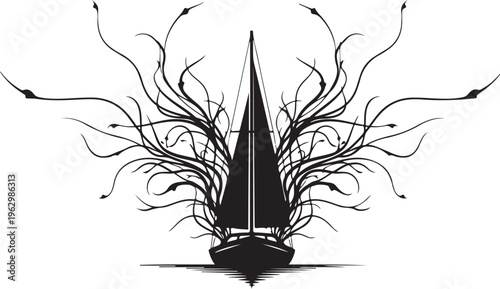 Black sailboat with tree branches on white background